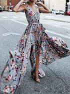 Choies Gray Plunge Floral Print Sleeveless Chic Women Maxi Dress