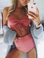 Choies Pink V-neck Drawstring Front Frill Trim Crop Cami Top