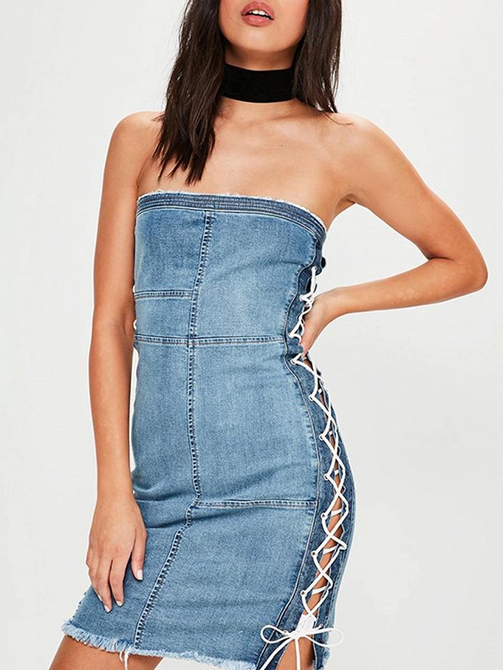 Choies Blue Bandeau Lace Up Side Denim Mini Dress