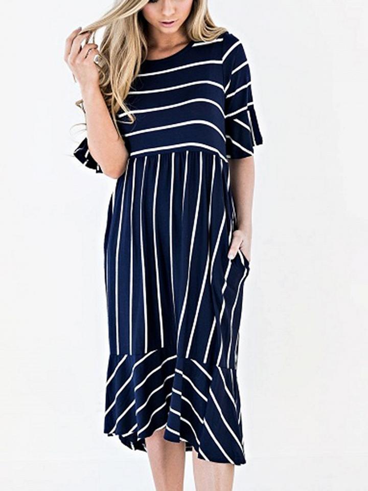 Choies Dark Blue Cotton Stripe Half Sleeve Chic Women Midi Dress
