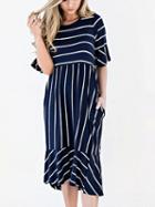 Choies Dark Blue Cotton Stripe Half Sleeve Chic Women Midi Dress