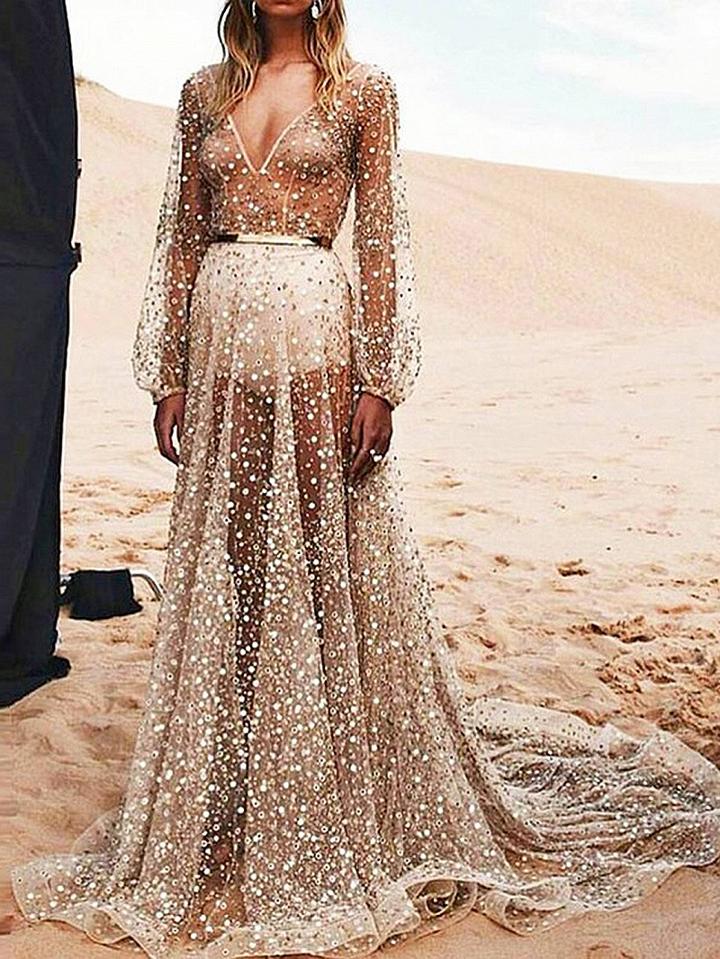 Choies Gold Plunge Sequin Detail Open Back Long Sleeve Sheer Maxi Dress