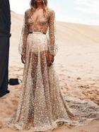 Choies Gold Plunge Sequin Detail Open Back Long Sleeve Sheer Maxi Dress