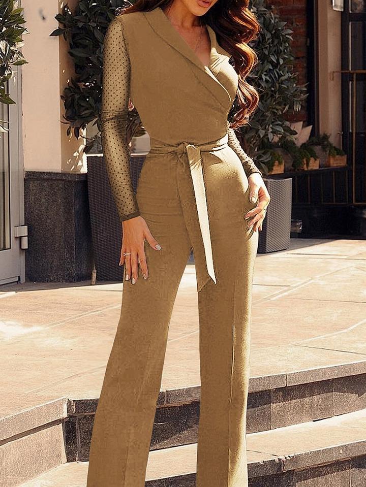 Choies Khaki V-neck Polka Dot Print Panel Tie Waist Long Sleeve Jumpsuit
