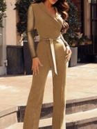 Choies Khaki V-neck Polka Dot Print Panel Tie Waist Long Sleeve Jumpsuit