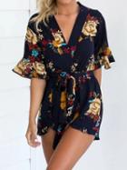 Choies Polychrome V-neck Floral Tie Waist Romper Playsuit