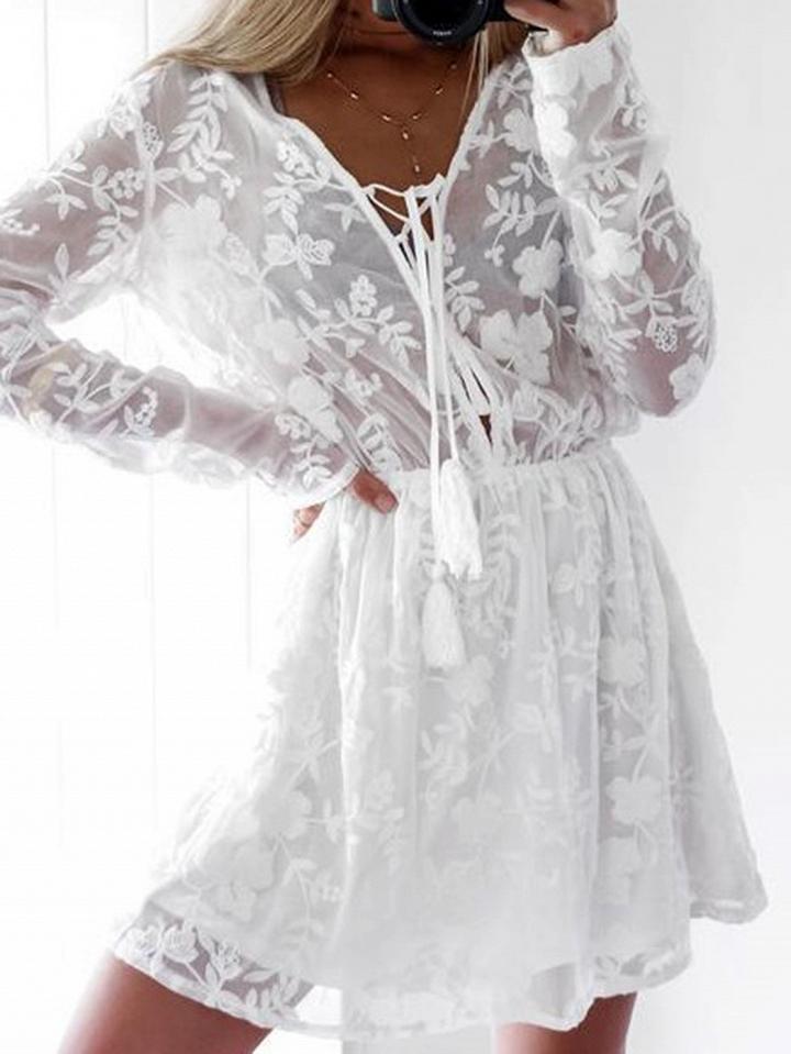 Choies White V-neck Embroidery Detail Long Sleeve Chic Women Mini Dress