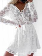 Choies White V-neck Embroidery Detail Long Sleeve Chic Women Mini Dress