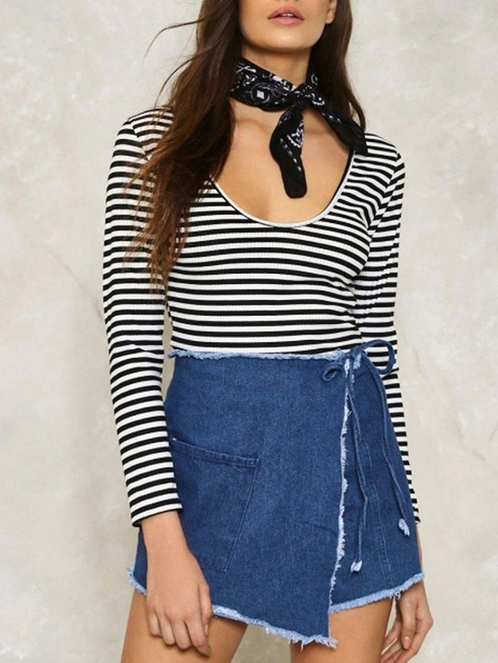 Choies Blue Wrap Asymmetric Hem Raw Trim Tie Waist Shorts