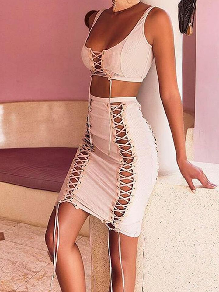 Choies Beige Ribbed Eyelet Lace Up Tank Crop Top And Bodycon Skirt