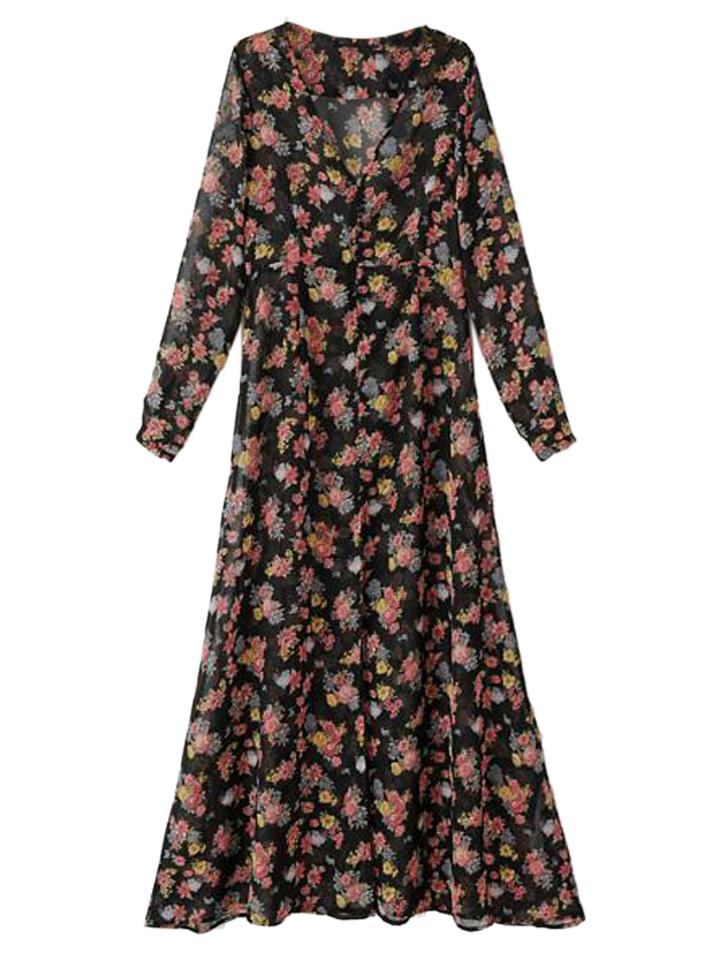Choies Black V-neck Floral Split Chiffon Maxi Dress