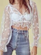 Choies White V-neck Flower Embroidery Chic Women Sheer Mesh Crop Blouse