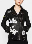 Choies Black Print Deail Leather Look Biker Jacket