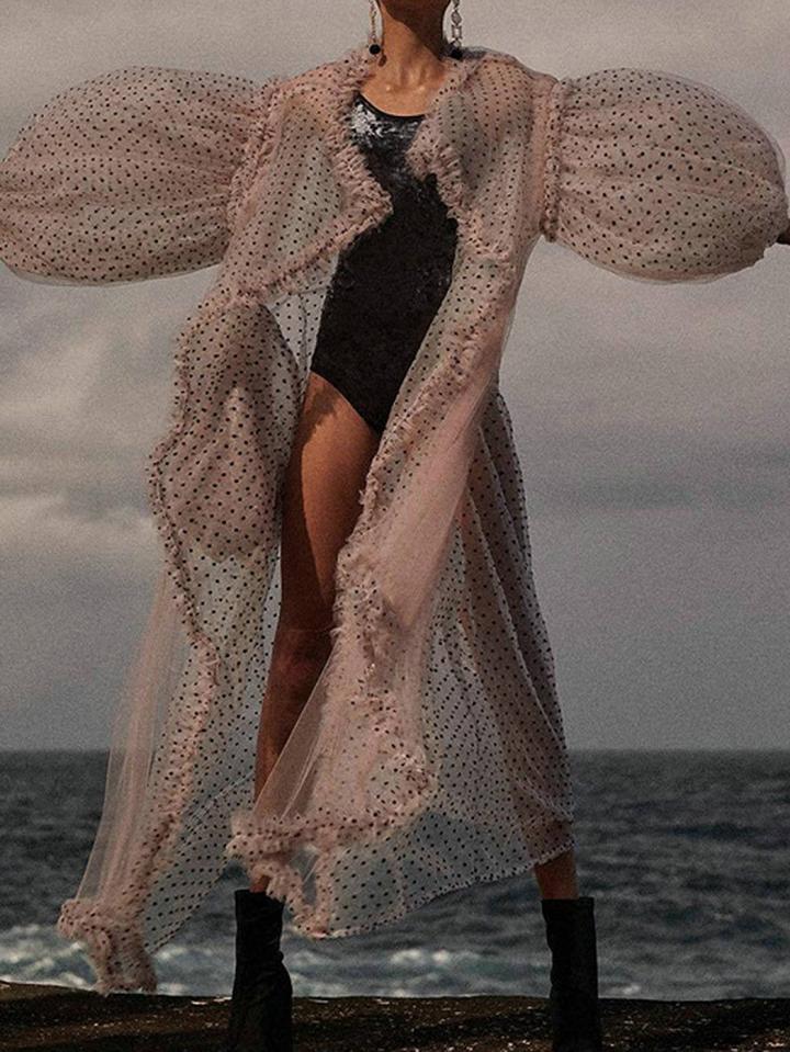 Choies Purple Polka Dot Print Puff Sleeve Chic Women Sheer Longline Cardigan