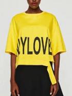Choies Yellow Letter Print Short Sleeve Cropped Sweatshirt