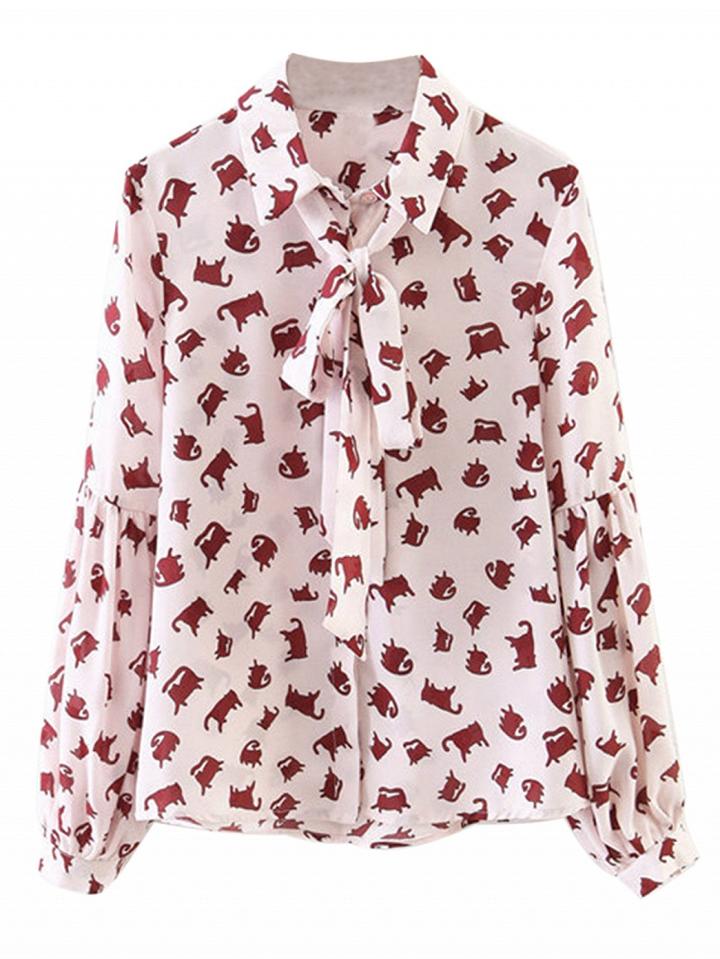 Choies Pink Cat Print Tie Front Long Sleeve Shirt