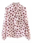 Choies Pink Cat Print Tie Front Long Sleeve Shirt