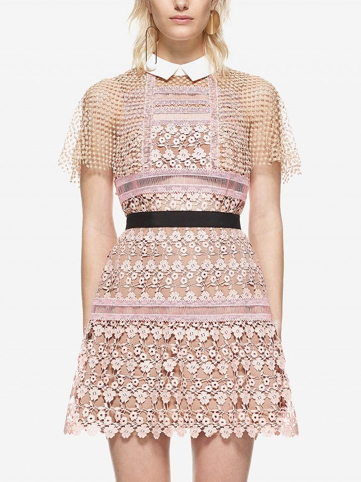 Choies Pink Contrast Collar Mesh Cape Sheer Trim Lace Mini Dress