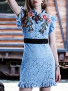 Choies Blue Embroidery Stand Collar Ruffle Trim Lace Mini Dress