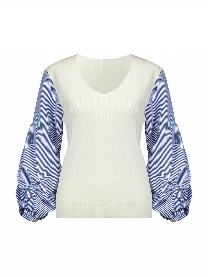 Choies White V-neck Stripe Puff Sleeve Knit Sweater