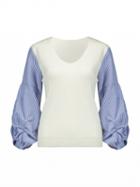 Choies White V-neck Stripe Puff Sleeve Knit Sweater