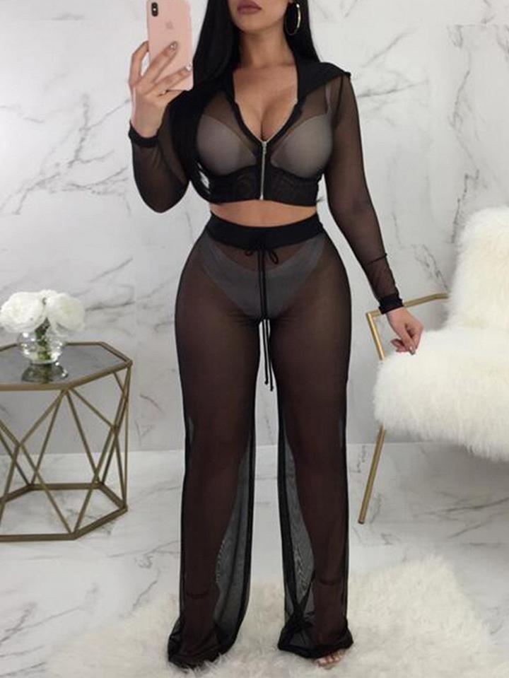 Choies Black Sheer Mesh Zip Front Crop Top And High Waist Pants