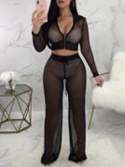 Choies Black Sheer Mesh Zip Front Crop Top And High Waist Pants