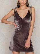 Choies Brown Velvet V-neck Tie Shoulder Mini Dress
