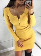 Choies Yellow Button Placket Front Long Sleeve Bodycon Mini Dress