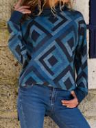 Choies Blue High Neck Geo Pattern Print Long Sleeve Sweatshirt