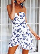 Choies White Chiffon Bandeau Floral Print Tie Waist Chic Women Mini Dress