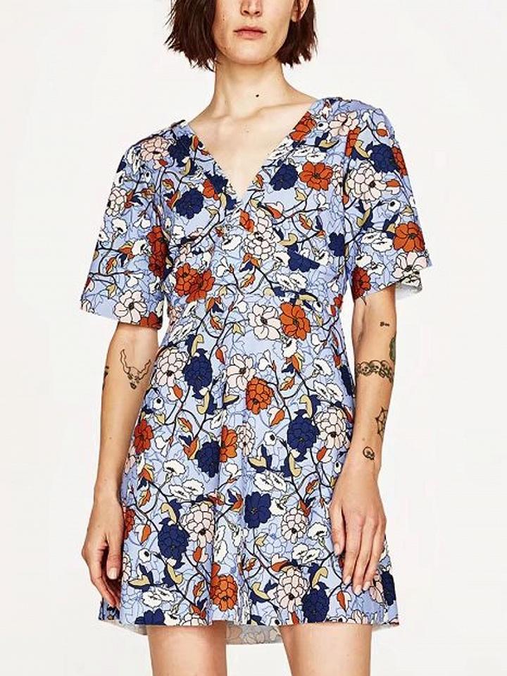 Choies Blue V Front And V Back Floral Print A-line Dress