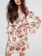 Choies Polychrome Floral Print Lace Up Layered Ruffle Bell Sleeve Dress