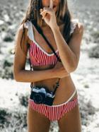 Choies Red Stripe V-neck Ruffle Trim Bikini Top And Bottom