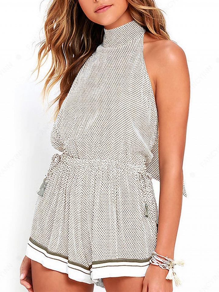 Choies Khaki Houndstooth Open Back Romper Playsuit