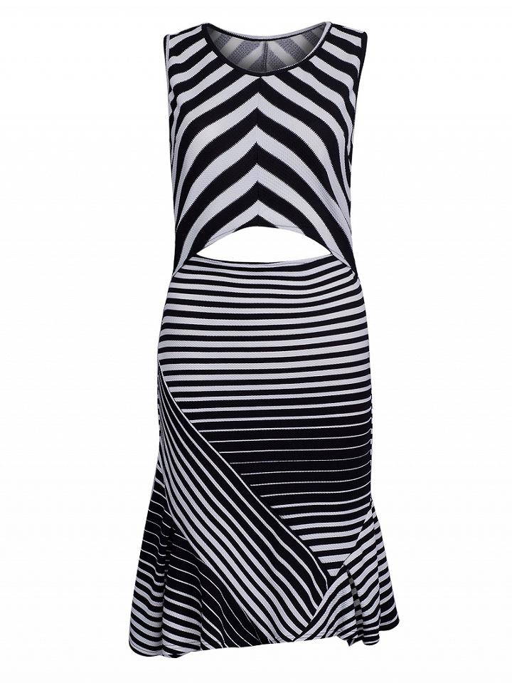 Choies Monochrome Cut Out Detail Ruffle Trim Striped Dress