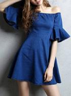 Choies Blue Off Shoulder Flared Sleeve Denim Dress