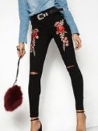 Choies Black Embroidery Floral Ripped Knee Skinny Jeans