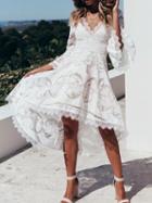 Choies White V-neck Flare Sleeve Chic Women Lace Hi-lo Dress