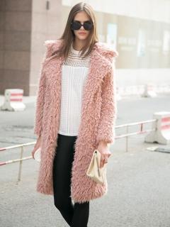 Choies Pink Quality Lapel Long Line Soft Faux Fur Warm Coat