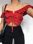 Choies Red Cotton Off Shoulder Polka Dot Ruffle Trim Chic Women Crop Top