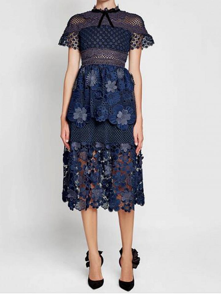 Choies Navy Blue Mesh Panel 3d Floral Lace Double Layer Midi Dress
