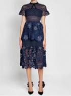 Choies Navy Blue Mesh Panel 3d Floral Lace Double Layer Midi Dress