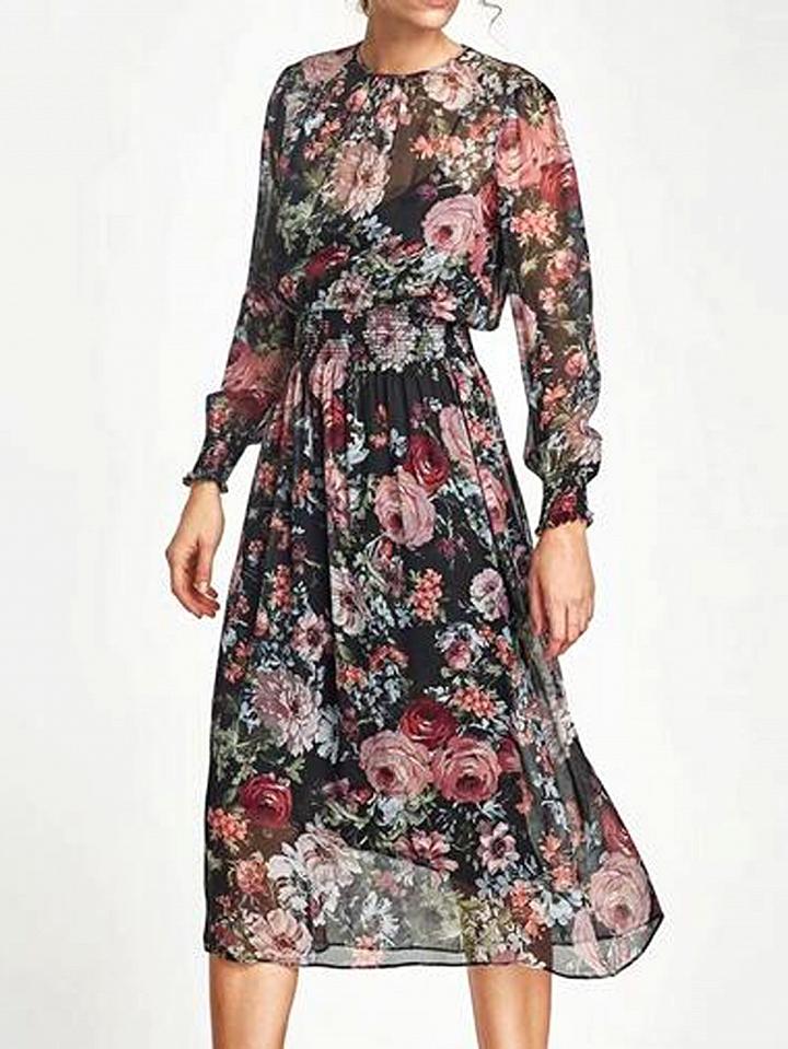 Choies Polychrome Floral Print Long Sleeve Dress And Cami Lining