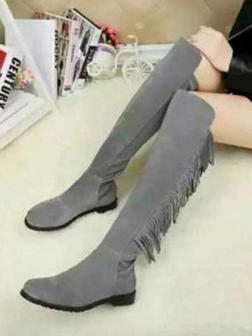 Choies Gray Stretch Tassel Trim Over The Knee Flat Boots