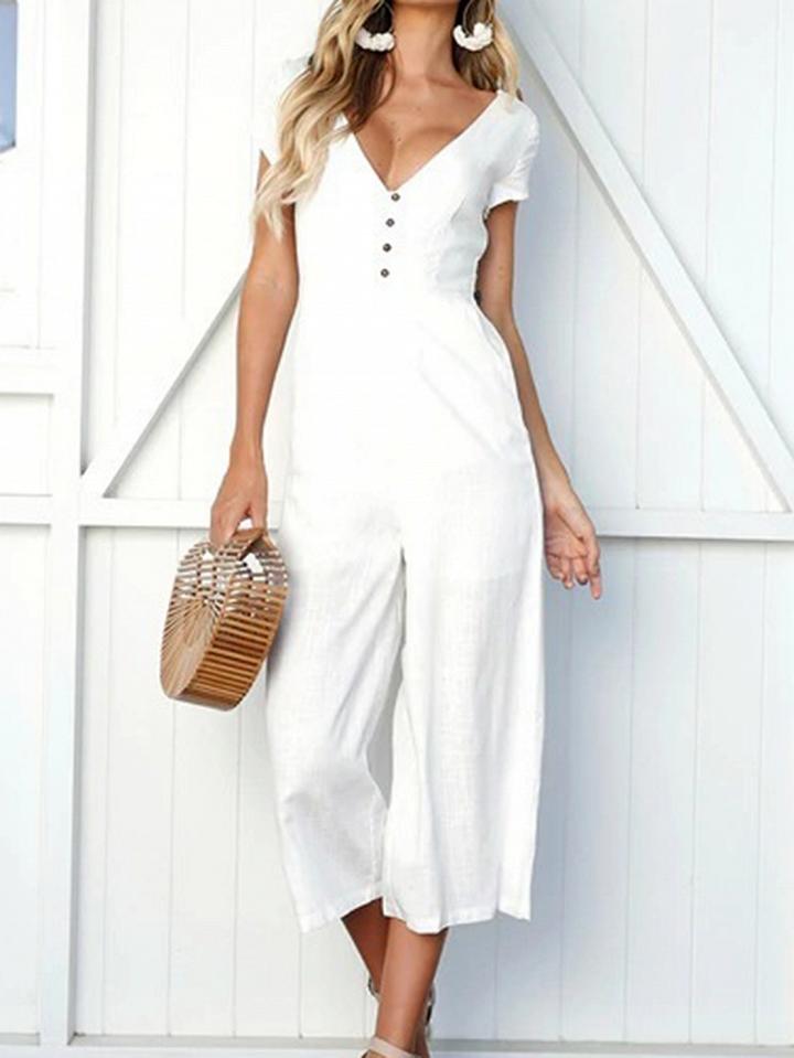Choies White Cotton V-neck Button Placket Front Chic Women Jumpsuit