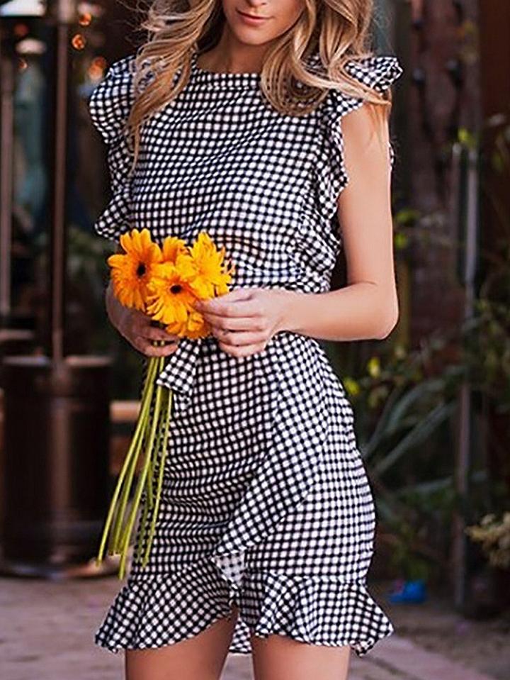 Choies Gray Plaid Tie Waist Ruffle Trim Asymmetric Hem Mini Dress