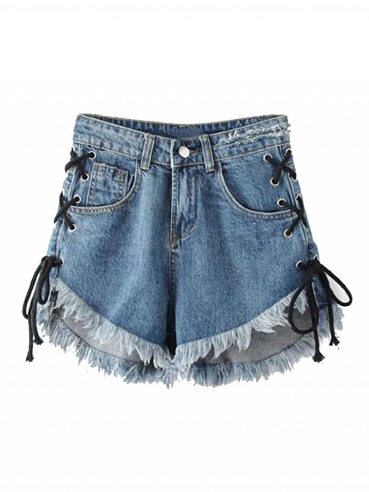 Choies Blue Lace-up Raw Hem Denim Shorts