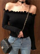 Choies Black Off Shoulder Frill Trim Long Sleeve Chic Women Knit Sweater