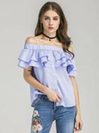 Choies Blue Gingham Off Shoulder Double Layer Ruffle Button Front Top